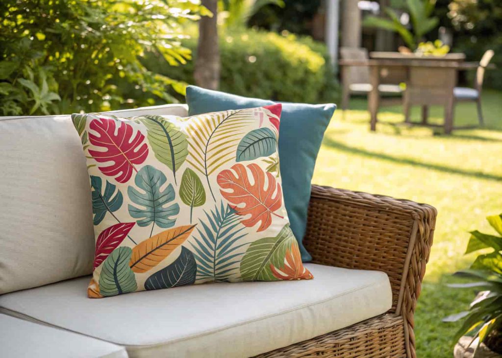 Colorful tropical leaf print outdoor throw pillow on a wicker patio sofa, sunny backyard garden setting, lush green plants around, bright natural daylight, outdoor living space lifestyle photography, cheerful and fresh atmosphere.