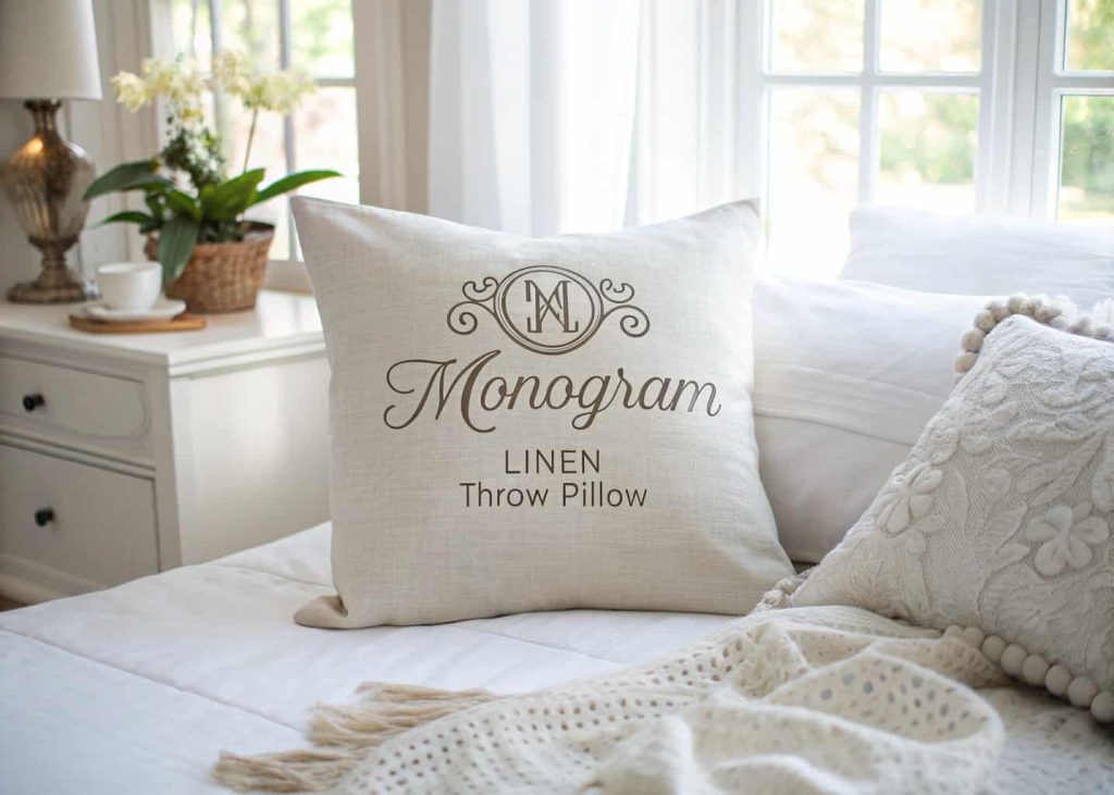 Custom monogram embroidered linen throw pillow with elegant script initials on a white bed, bright airy bedroom, soft morning light, personalized home decor flat lay photography, clean and heartfelt aesthetic.