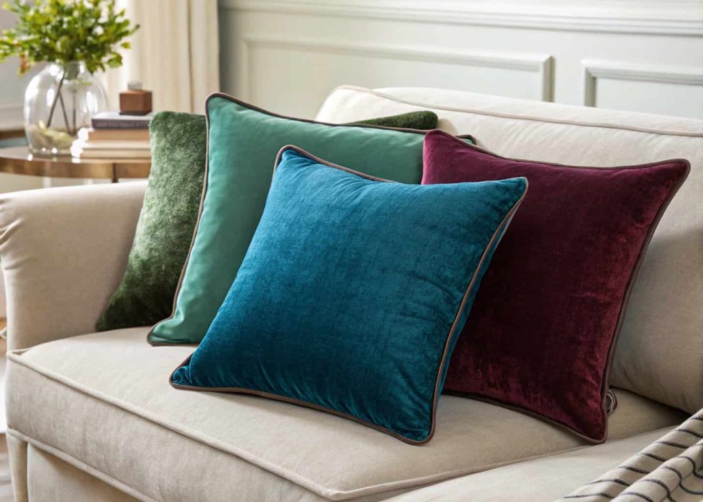Close-up of plush velvet throw pillows in jewel tones — emerald green, sapphire blue, and deep burgundy — arranged on a neutral linen sofa, soft studio lighting