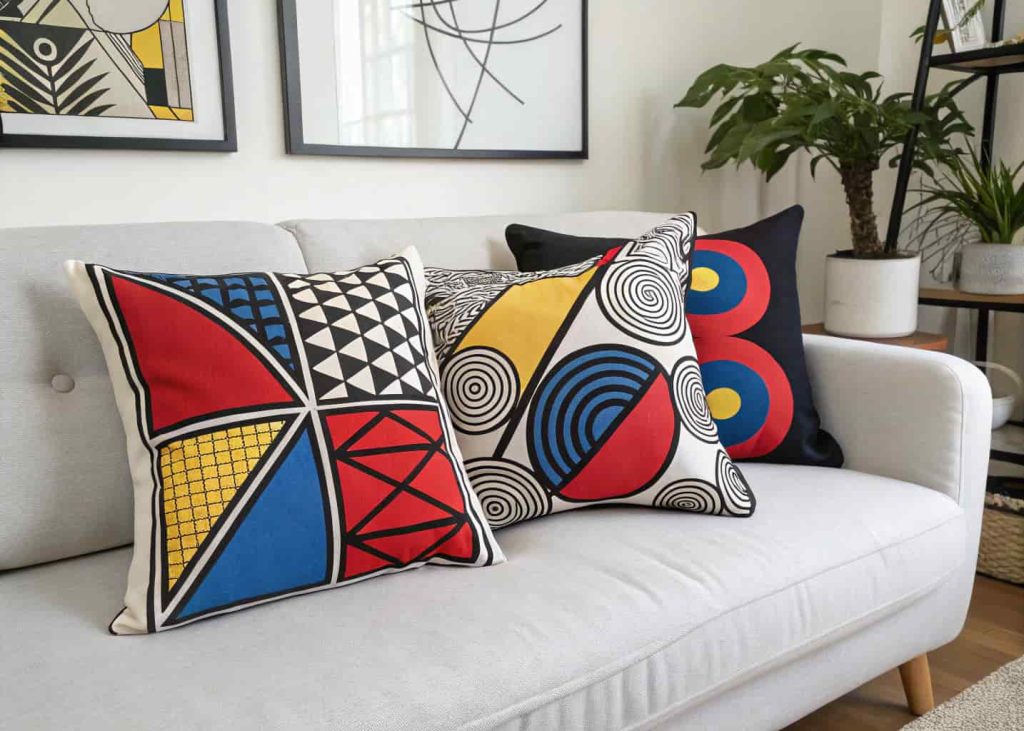 A set of decorative throw pillows with bold abstract art prints in primary colors and black, displayed on a modern minimalist sofa, bright editorial home decor photography