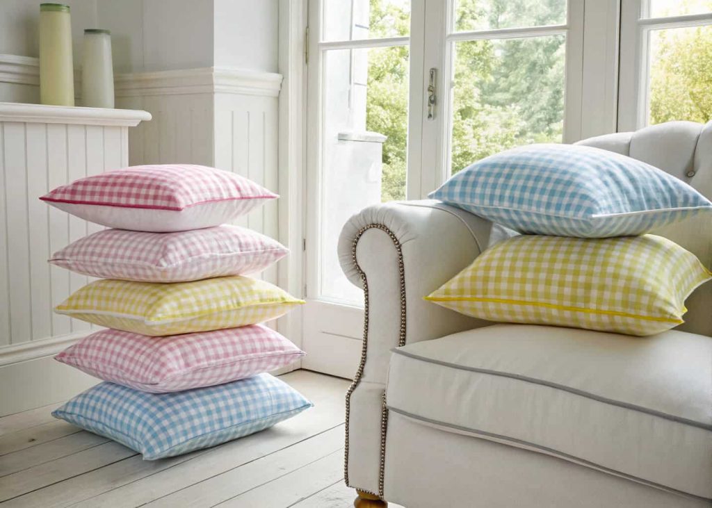 Colorful gingham and checkered pattern throw pillows in pastel shades — pink, yellow, blue — stacked on a white armchair near a window, bright airy Scandinavian interior style