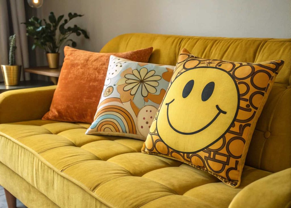 Bright yellow smiley face throw pillow and retro 70s icon pillows on a mustard yellow velvet sofa, vintage boho home decor, warm golden hour photography
