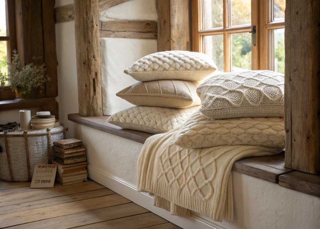Oversized chunky knit cream and oatmeal throw pillows piled on a cozy reading nook bench, rustic cottage interior, warm evening light photography