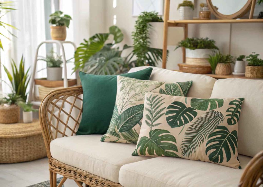  Lush botanical and tropical leaf print throw pillows in deep green and ivory on a rattan sofa, bright sunlit boho living room with house plants in background