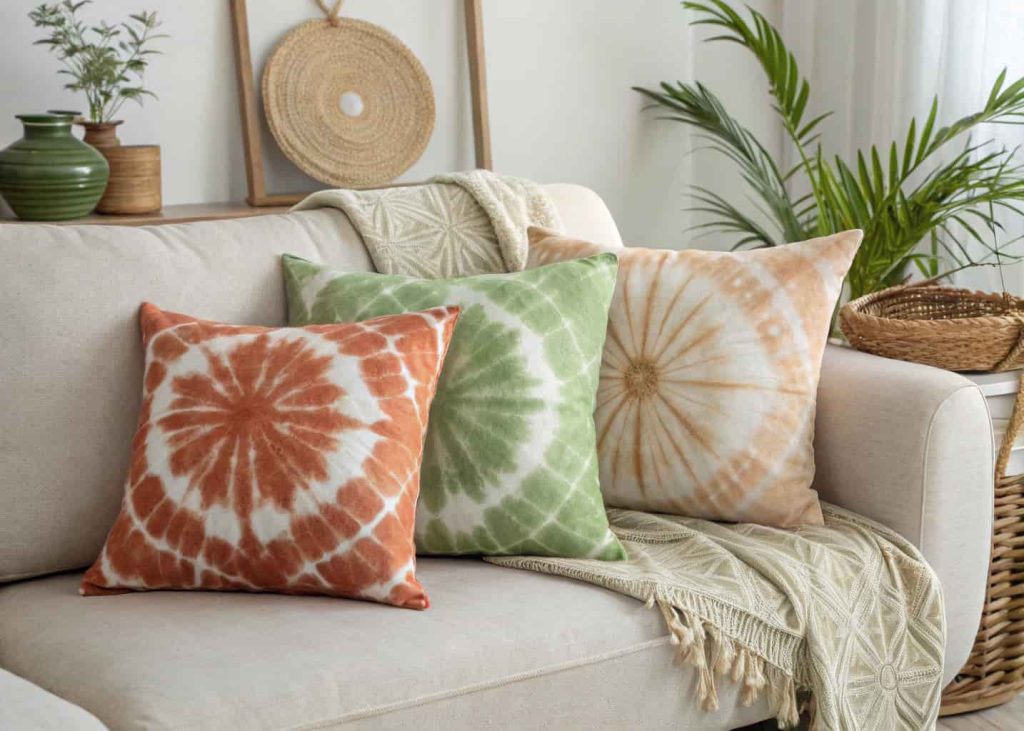 Artisan hand-dyed tie-dye throw pillows in muted terracotta, sage green and ivory tones, styled on a neutral linen couch, bright lifestyle photography, bohemian home aesthetic