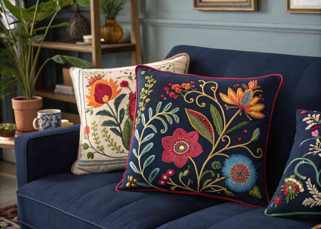  Detailed embroidered throw pillows with floral and folk art motifs in vibrant thread colors on a deep navy sofa, global eclectic interior, editorial home styling photography