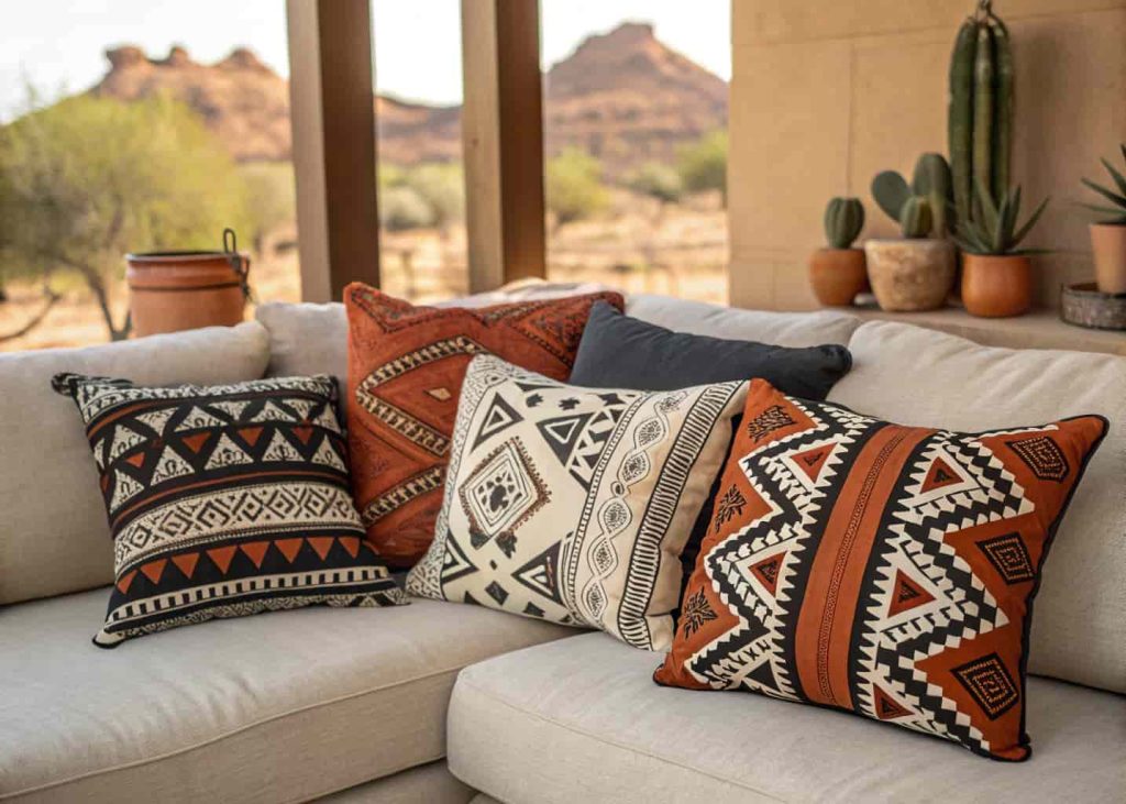 Bold geometric and tribal pattern throw pillows in black, white, and terracotta on a modern boho sectional sofa, warm desert-toned interior, lifestyle home photography