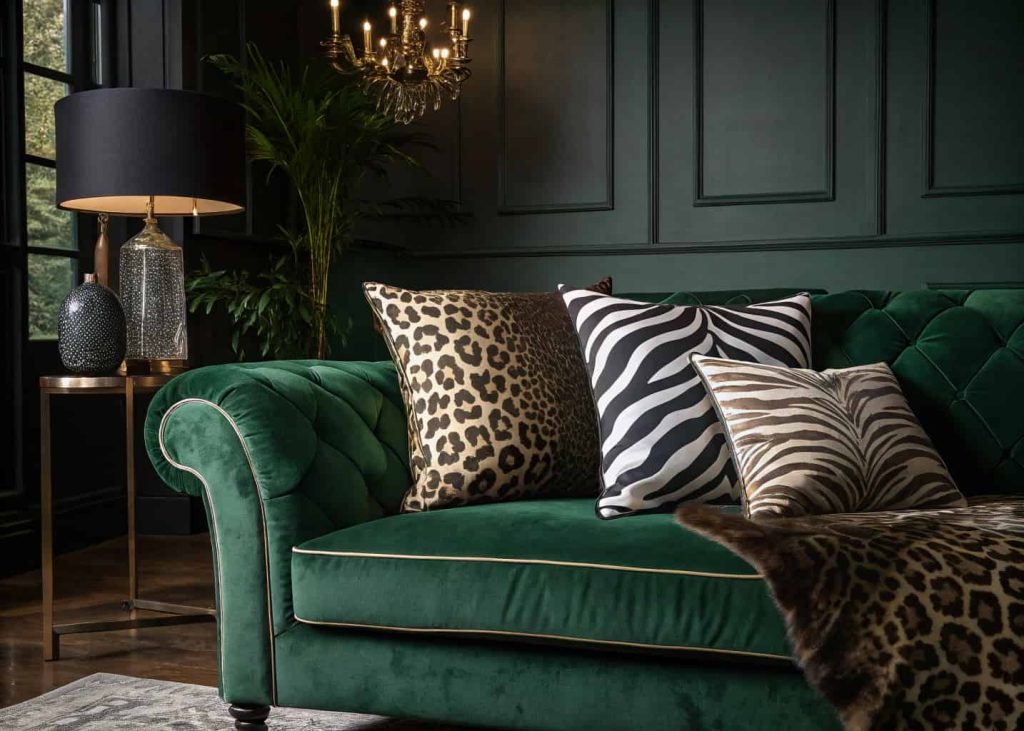 Chic leopard print and zebra stripe throw pillows styled on a velvet emerald green sofa, dramatic moody interior lighting, high-end home decor editorial photography