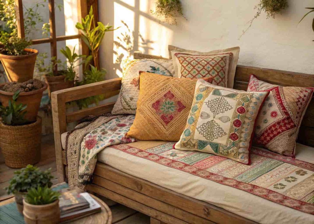 Colorful vintage kantha patchwork throw pillows in warm mixed fabric patterns on a wooden daybed, boho farmhouse interior, golden afternoon light photography