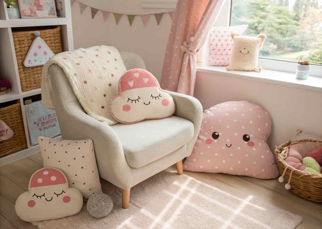 Whimsical mushroom-shaped and cloud-shaped decorative pillows in pastel pink and cream on a cozy armchair, playful modern eclectic bedroom, soft natural daylight photography