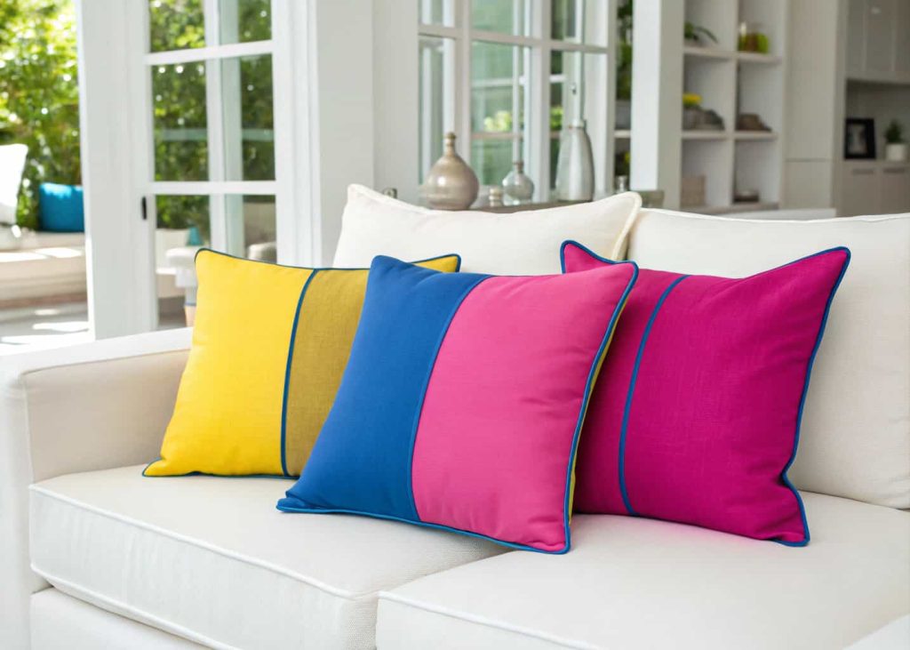 Bold color-block throw pillows in electric yellow, cobalt blue and hot pink on a white minimalist sofa, bright modern interior with clean lines, editorial home photography