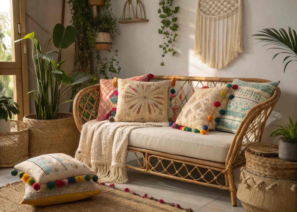 Boho-style throw pillows with colorful pom-pom fringe and long natural macramé tassels on a rattan sofa, warm bohemian living room with plants and woven textiles, soft lifestyle photography