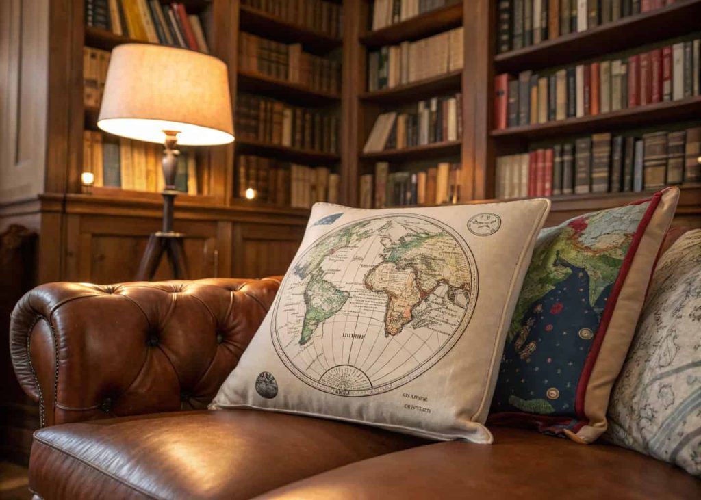  Vintage-style world map and celestial chart print throw pillows on a warm leather sofa, cozy library study interior with wooden bookshelves and warm lamp light