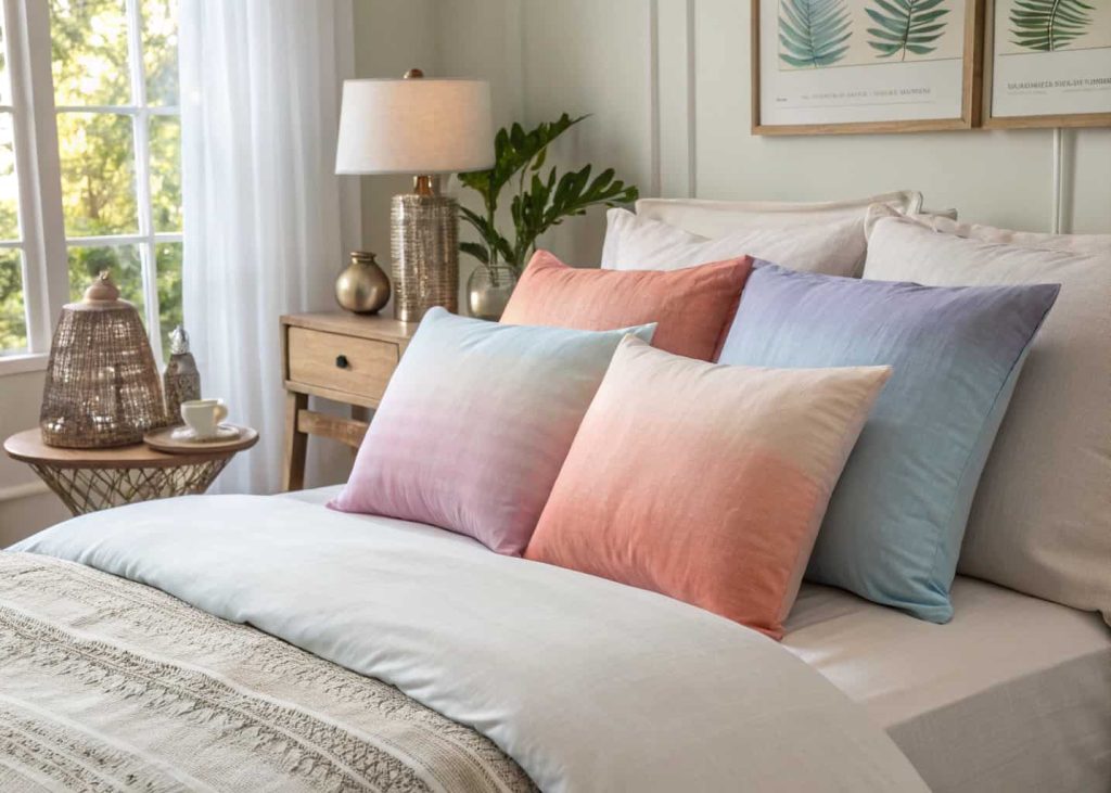  Beautiful ombre gradient throw pillows transitioning from blush pink to terracotta and from sky blue to lavender, arranged on a neutral bed with linen duvet, dreamy soft-light bedroom photography