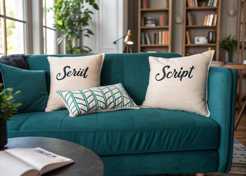  Stylish word and typography quote throw pillows with bold serif and script fonts on a deep teal sofa, modern eclectic living room with curated bookshelf in background, editorial lifestyle photography