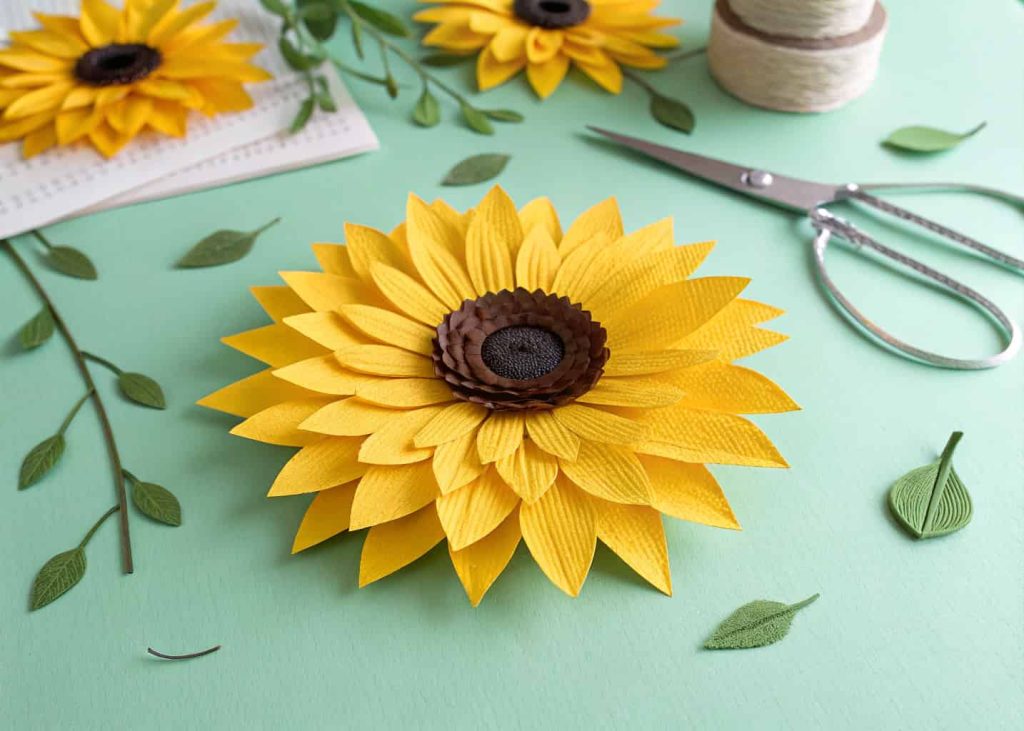A bright yellow tissue paper sunflower with a dark brown cardstock center, lying on a light green background, natural overhead lighting, vibrant colors, DIY craft blog photography style.