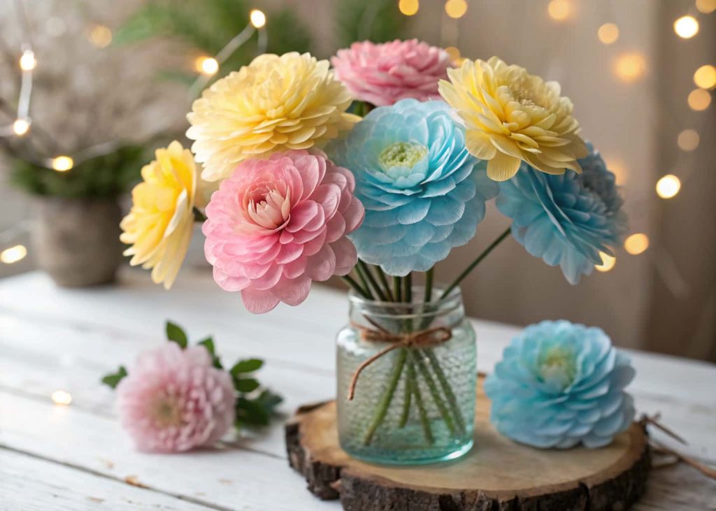 Colorful coffee filter flowers dyed in watercolor shades of blue, pink, and yellow, arranged in a small mason jar, soft bokeh background, rustic farmhouse aesthetic, warm natural lighting.