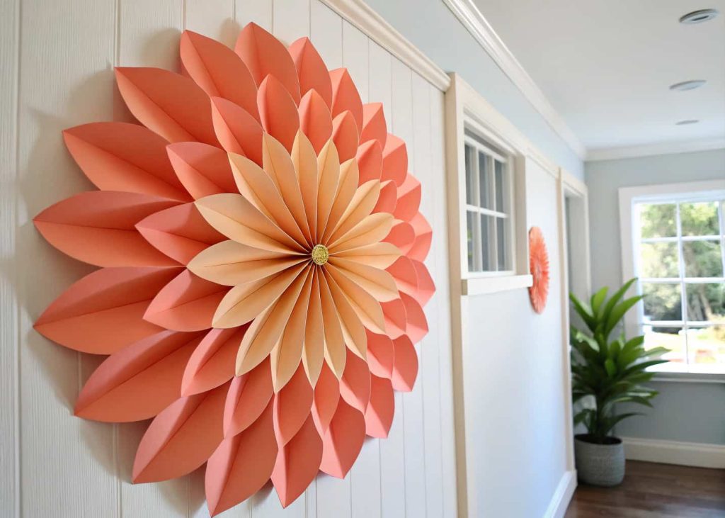 A large accordion-fold paper flower in coral and peach tones pinned on a white wall as a party decoration, bright natural lighting, festive and modern home decor photography style.
