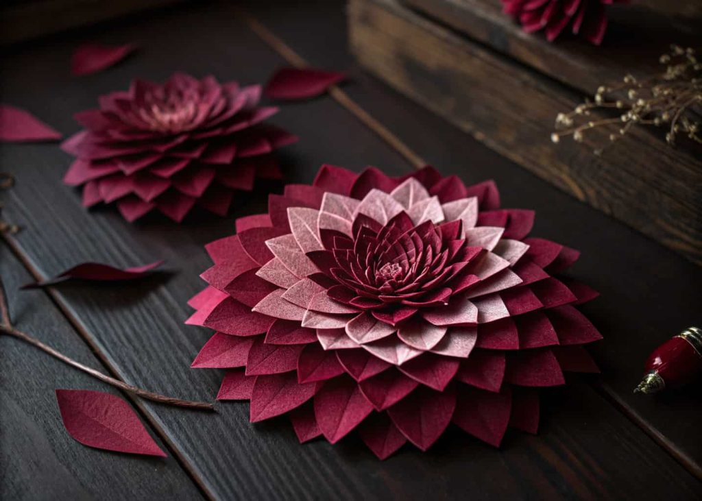 A handmade paper dahlia flower in deep burgundy and wine red tones, made from small folded square pieces, displayed on a dark wood surface, dramatic moody lighting, close-up craft photography.
