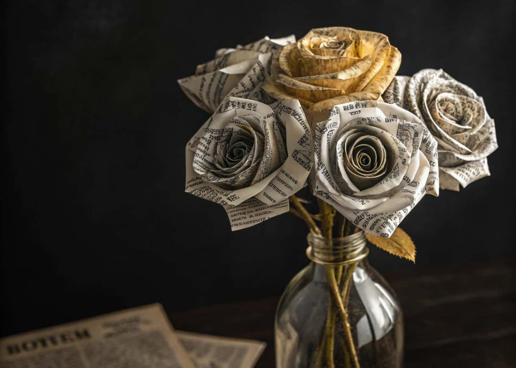 Elegant newspaper roses with black and white newsprint texture, some partially painted in gold, arranged in a vintage glass bottle, editorial photography style, moody dark background.