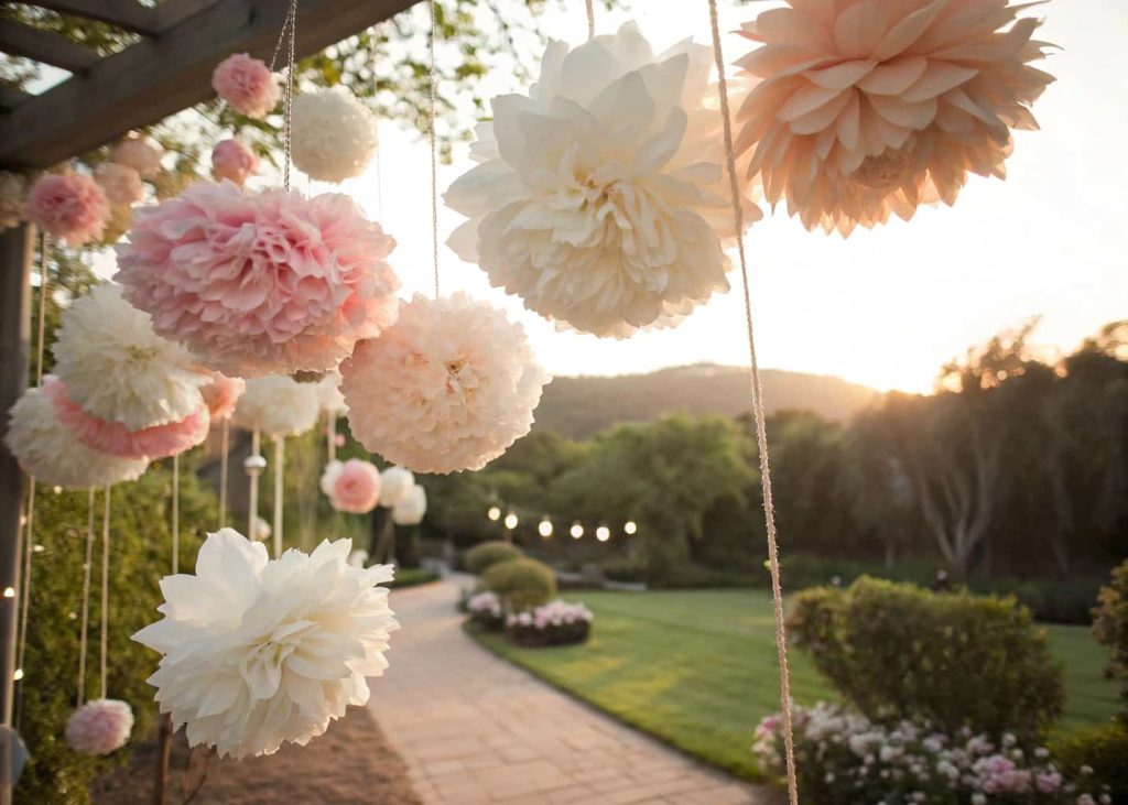 Oversized tissue paper peony flowers in blush pink and ivory white hanging as a backdrop decoration at a garden wedding, soft afternoon light, romantic and ethereal photography style.