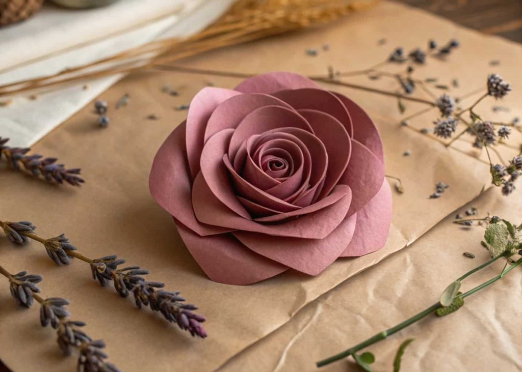 A spiral cut cardstock rose in dusty mauve color, placed on a rustic kraft paper background with dried herbs scattered around, warm golden hour light, romantic handcraft photography aesthetic.