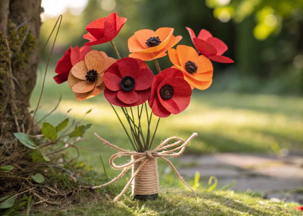 Handmade tissue paper poppies in vibrant red and orange with black centers, arranged in a loose wildflower bunch tied with twine, soft outdoor natural light, lifestyle craft photography, green garden background.