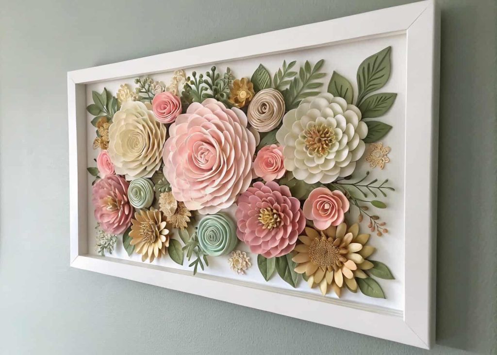 A stunning 3D paper flower wall art panel featuring a mix of roses, dahlias, and peonies in a palette of blush, cream, sage green, and gold, mounted in a white frame on a light grey wall, interior decor photography style.