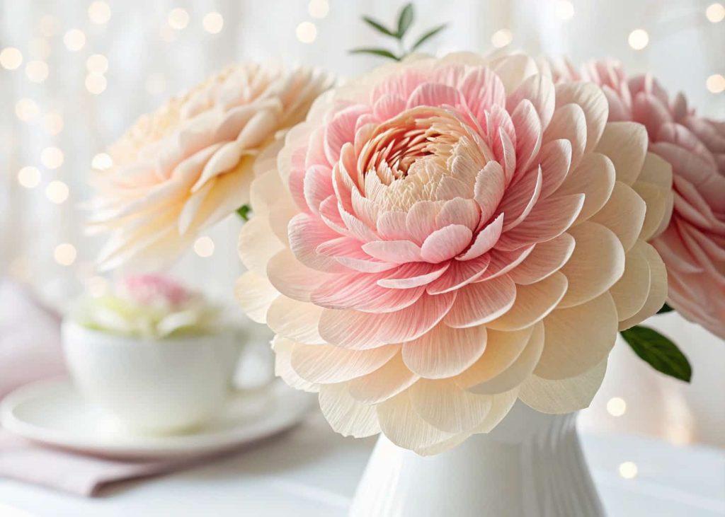  A lush handmade peony-style tissue paper flower in blush pink and cream, layered petals, placed in a white ceramic vase, bright studio lighting, soft bokeh background, elegant craft photography.