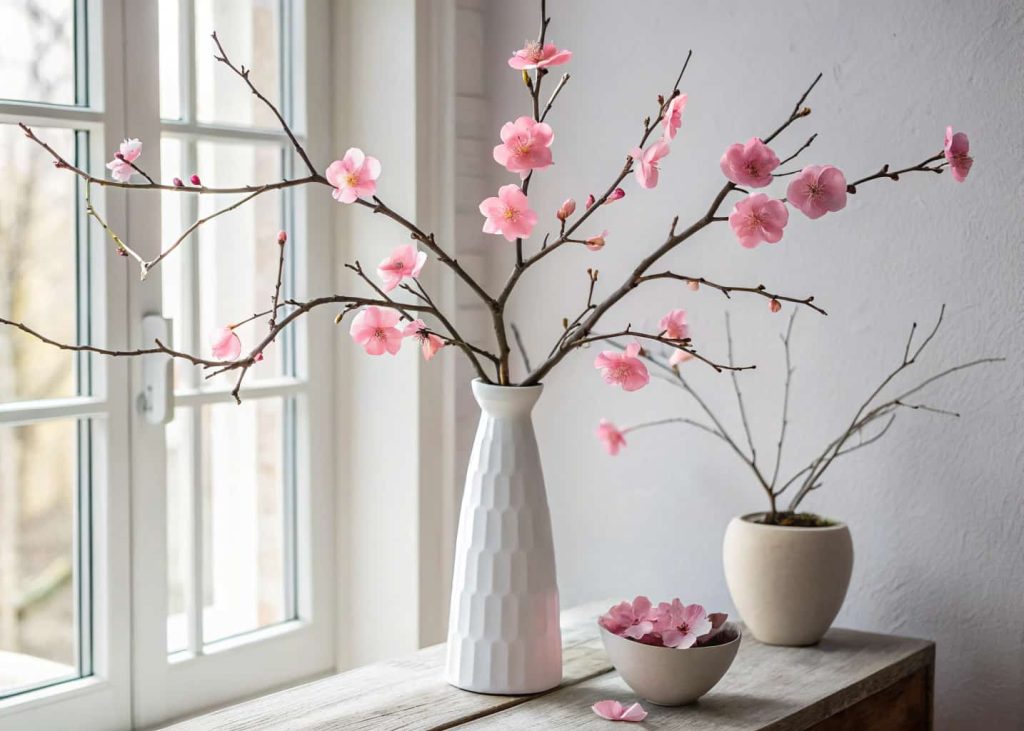  A decorative branch with handmade pink tissue paper cherry blossoms, displayed in a tall white ceramic vase, soft natural window light, Japanese minimalist aesthetic, light and airy feel.