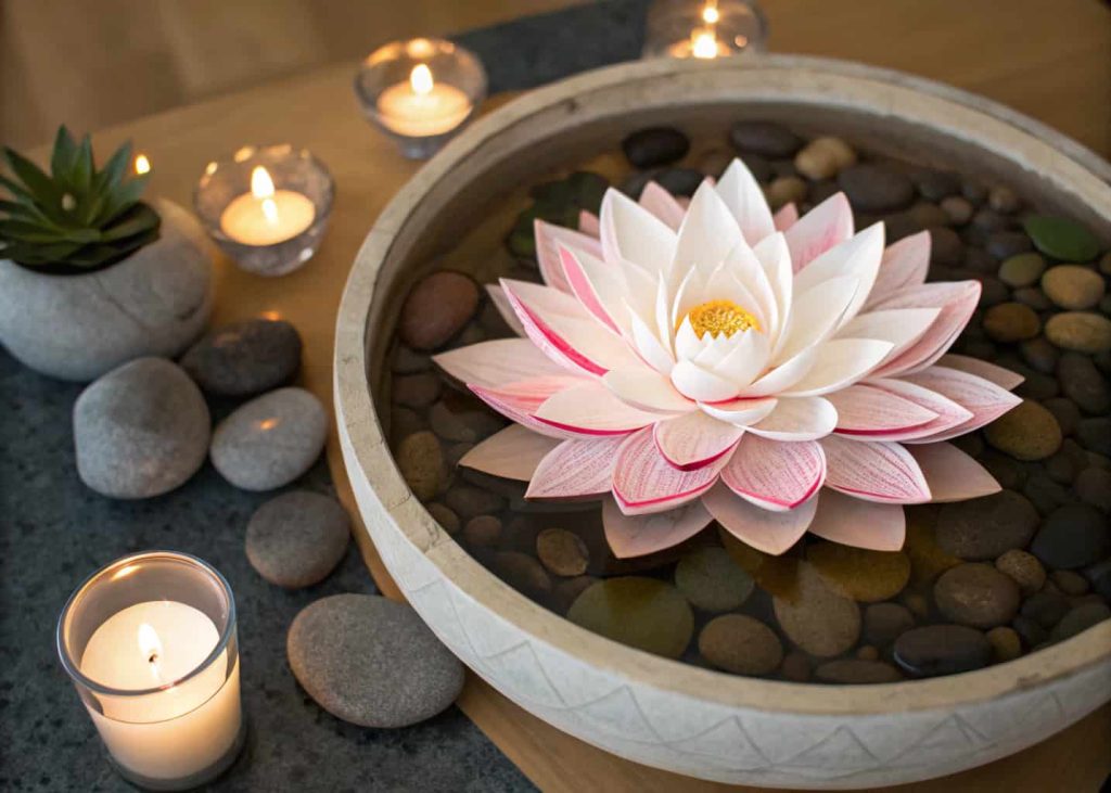  A handmade white and pink tissue paper lotus flower floating in a shallow bowl with water and pebbles, soft candlelight around it, serene and spiritual atmosphere, top-down photography.