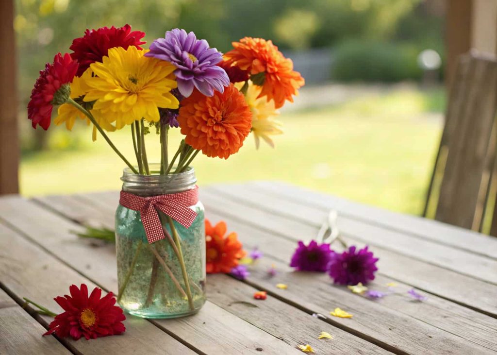  A mason jar filled with colorful handmade tissue paper wildflowers in red, orange, purple, and yellow, placed on a wooden farmhouse table, natural light, rustic and cheerful aesthetic.