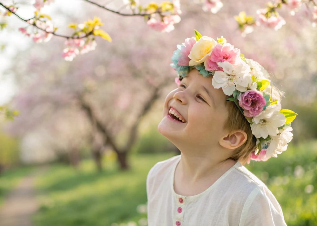 A handmade tissue paper flower crown in pastel colors worn by a smiling child, outdoor garden setting, soft natural sunlight, joyful and whimsical photography, spring vibes.