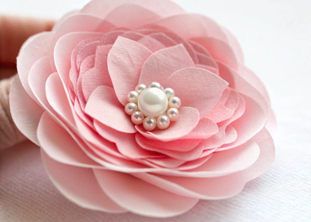 A soft pink tissue paper flower with a pearl bead center, held close to camera, white background, elegant macro photography, soft bokeh, luxury craft aesthetic.