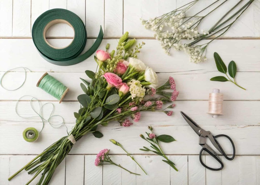 Flat lay of floral wire, green floral tape, scissors, wire cutters, and fresh mixed flowers spread neatly on a white wooden table, natural daylight, top-down view, soft shadows