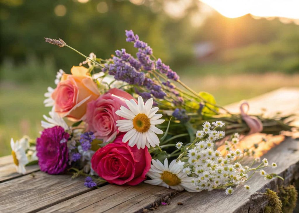 A colorful variety of fresh flowers — roses, daisies, lavender, baby's breath, and chamomile — arranged loosely on a rustic wooden surface, warm natural light, shallow depth of field, bokeh background