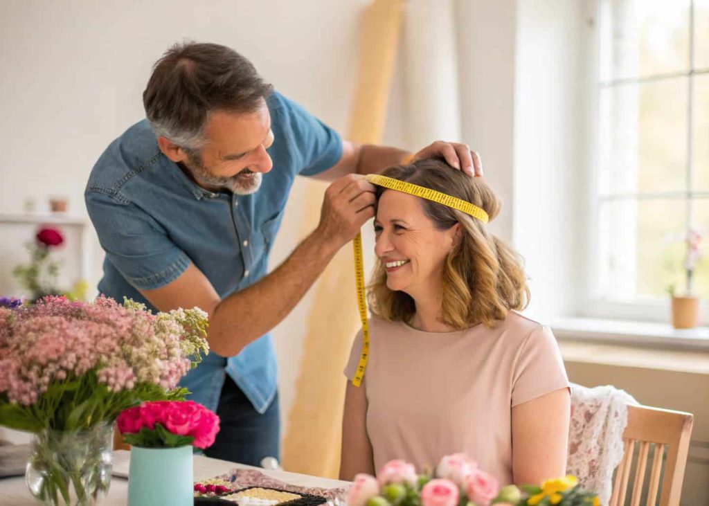 A woman measuring her head circumference with a soft yellow measuring tape, smiling, sitting at a crafts table surrounded by flowers, natural window light, warm cozy atmosphere