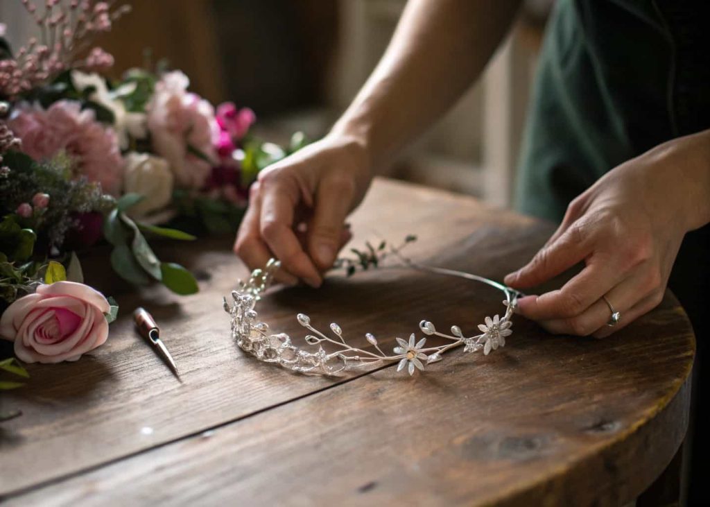 Close-up of hands bending silver floral wire into a circular crown shape on a wooden table, blurred flowers in background, warm ambient light, detailed craft photography