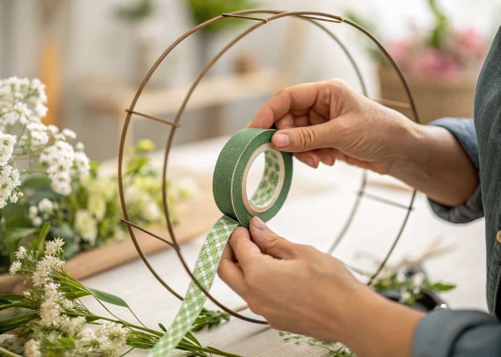 Hands carefully wrapping green floral tape around a circular wire frame, close-up macro photography, selective focus on the tape detail, soft natural background with flowers blurred out