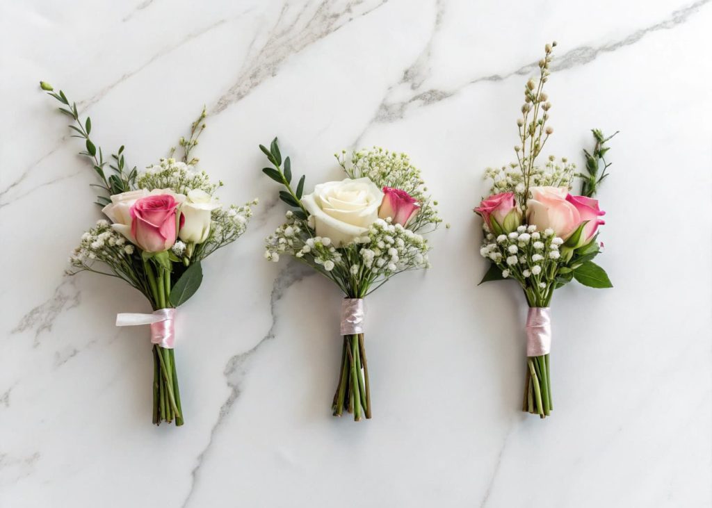 Small floral bundles made of roses, greenery and baby's breath tied with floral tape, arranged in a row on a white marble surface, bright natural light, minimal and clean composition