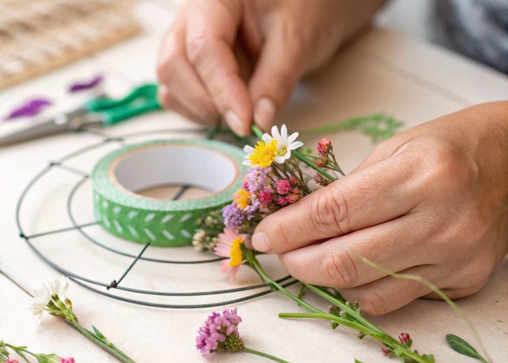Hands attaching a small bundle of flowers to a wire crown frame using green floral tape, close-up craft photography, shallow focus on fingertips and flowers, soft background blur