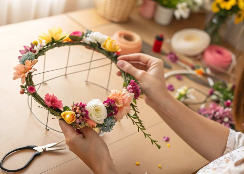 Half-completed flower crown being held in hands, colorful bundles of flowers attached along a wire frame, creative crafts process, warm studio lighting, blurred floral background