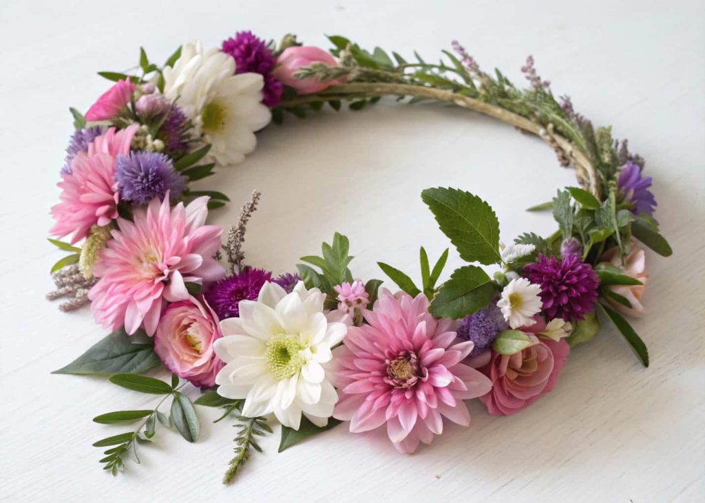 Colorful flower crown laid flat on a white background showing a balanced arrangement of pink, white, and purple flowers with lush greenery, overhead shot, soft natural lighting