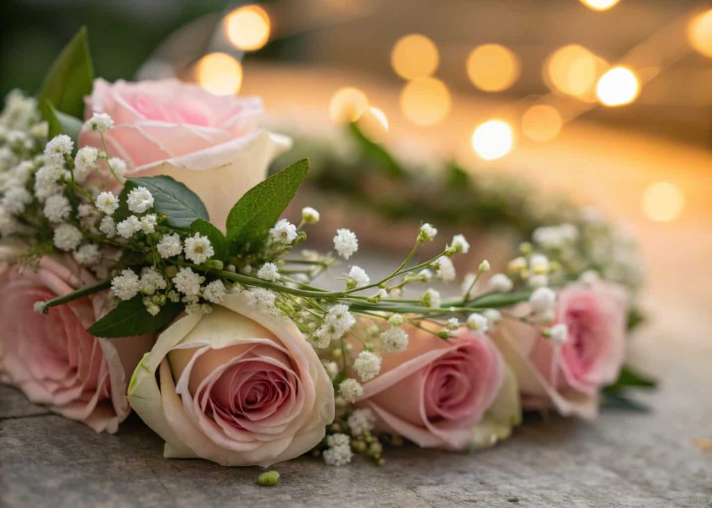 Close-up of a flower crown with baby's breath and small green leaves being tucked into gaps between roses, detailed macro photography, soft bokeh, warm daylight