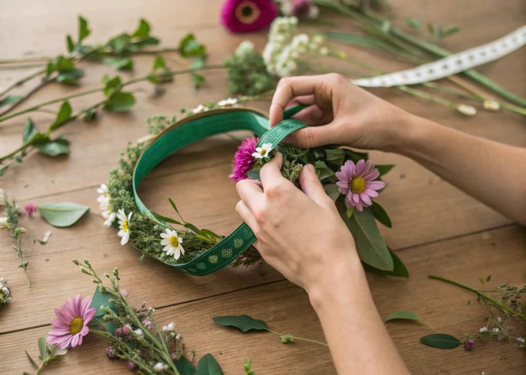 Hands joining the two ends of a flower crown together, wrapping with green floral tape, close-up detail shot, surrounded by spare flowers and greenery on a wooden table