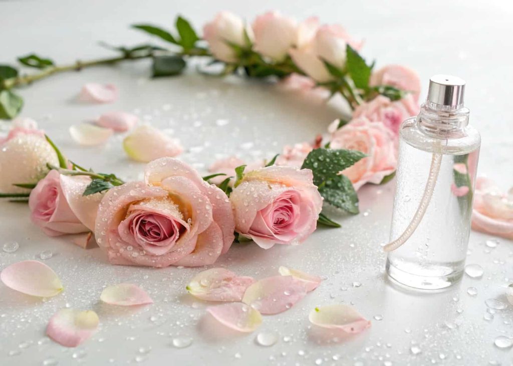 A beautiful completed flower crown being lightly misted with a small glass spray bottle, water droplets on rose petals glistening, soft morning light, white background, serene mood