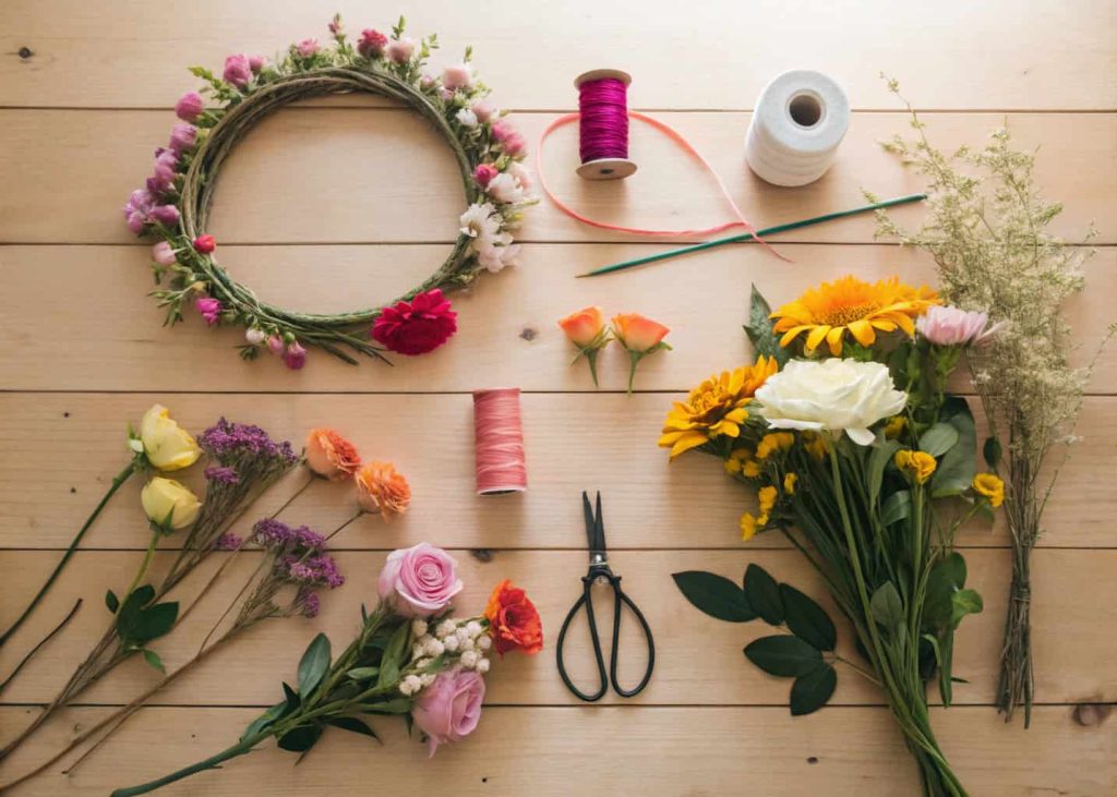 A flat lay of flower crown supplies on a wooden table — floral wire, scissors, colorful fresh flowers, floral tape, neatly arranged, bright natural lighting, top-down view.