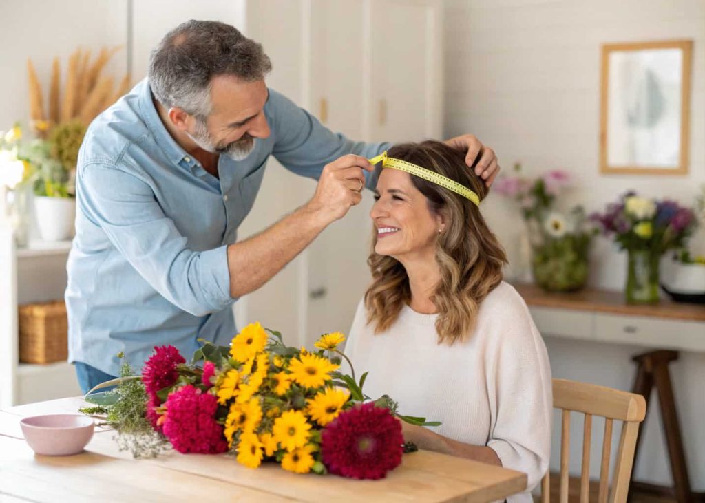 A woman measuring her head with a soft measuring tape, smiling, surrounded by flowers on a bright table, warm natural light, lifestyle photography style.