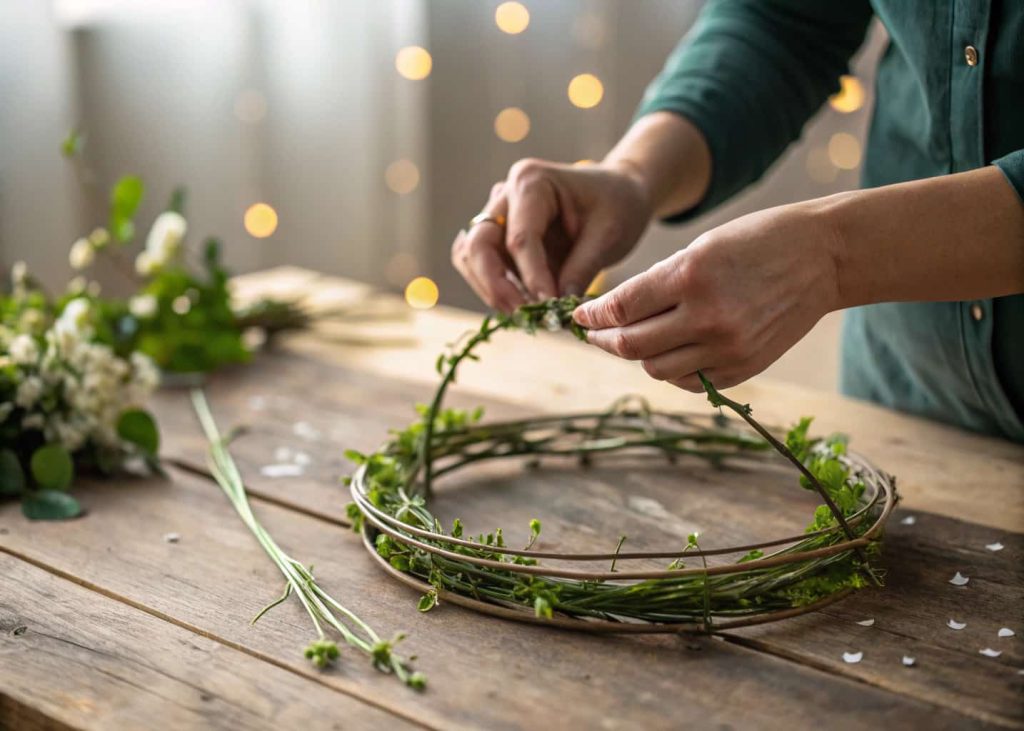 Hands bending green floral wire into a circular crown base on a rustic table, close-up shot, soft bokeh background, daylight studio lighting.
