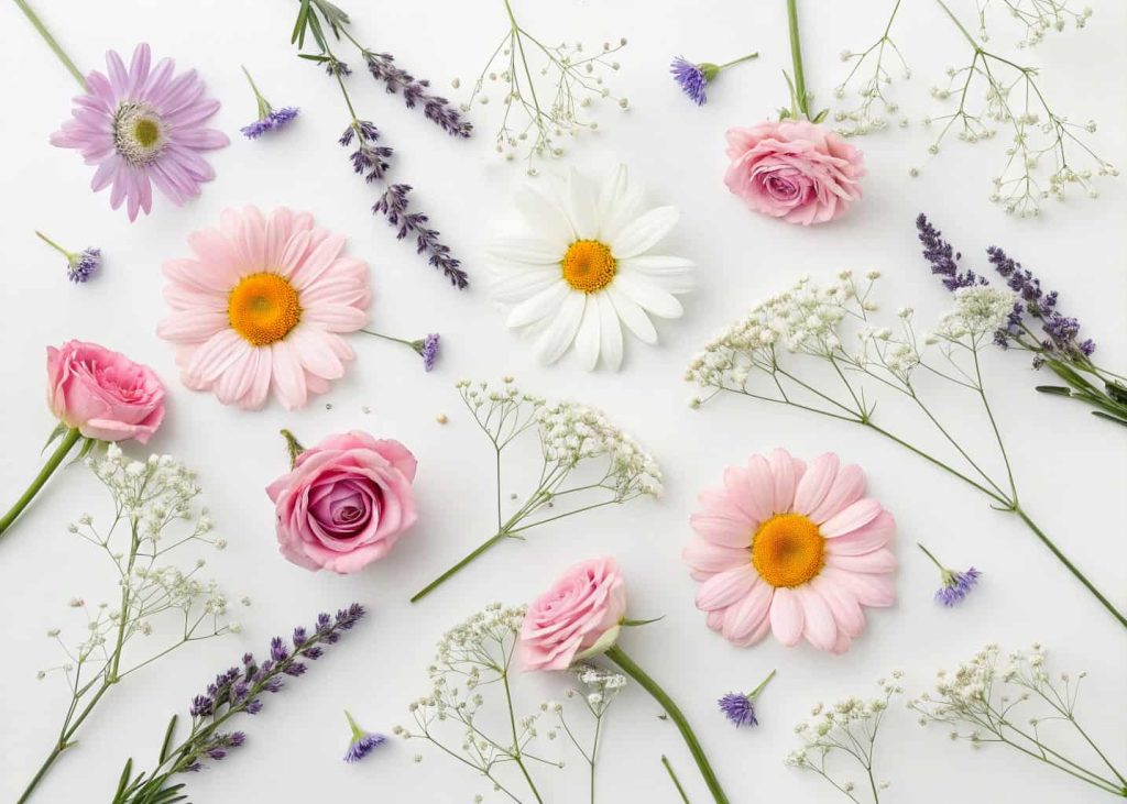 A beautiful collection of small colorful flowers — daisies, baby's breath, lavender, mini roses — arranged on a white surface, top-down flat lay, soft pastel tones.